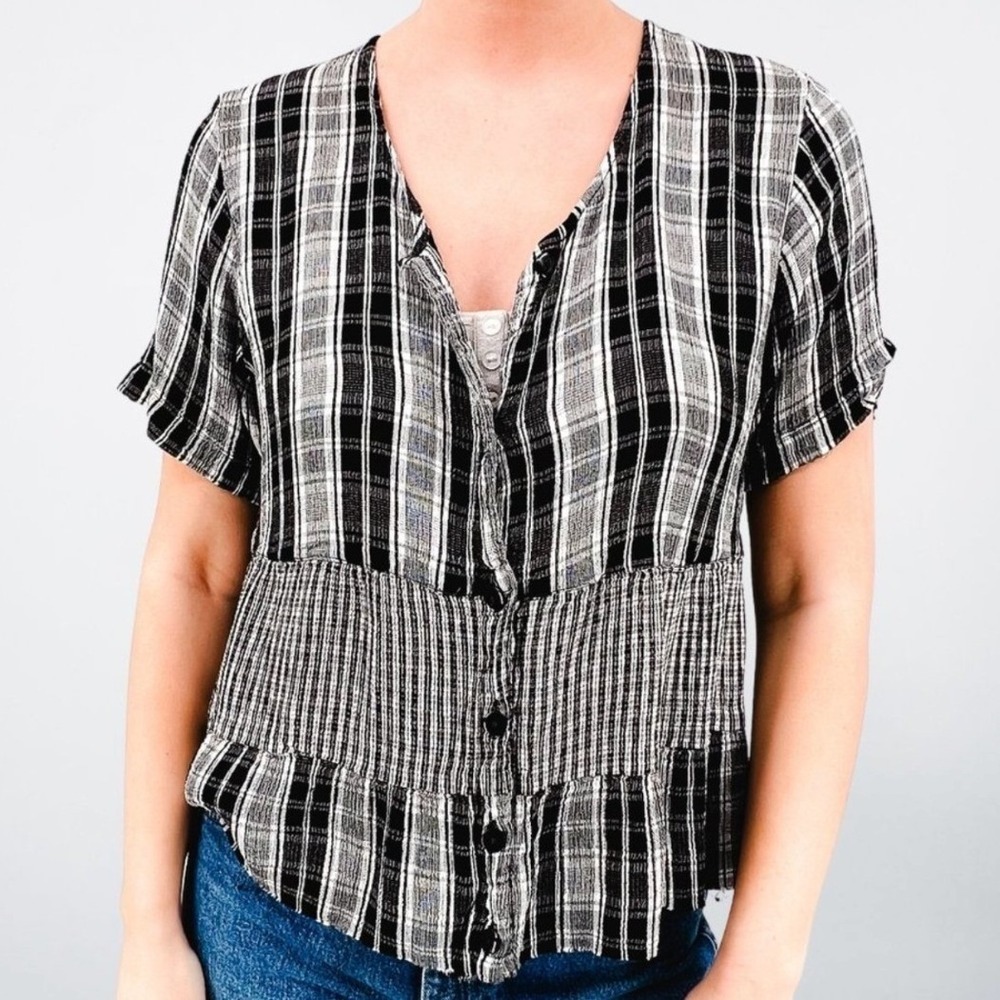 Adrian Jordan Black White Plaid Smocked Babydoll Top Button Front Blouse 18/20